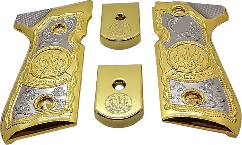 Combo Metal Grip Set with 2 Magazine Floor Plates, Compatible with Beretta 92F, 92FS, M9 & 96 Series, Nickel and Gold Two-Tone Plated Finish Decorative Replacement Accessory in Kuwait