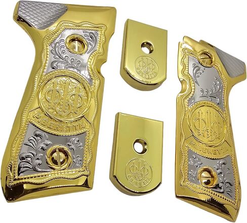 Combo Metal Grip Set with 2 Magazine Floor Plates, Compatible with Beretta 92F, 92FS, M9 & 96 Series, Nickel and Gold Two-Tone Plated Finish Decorative Replacement Accessory in Kuwait