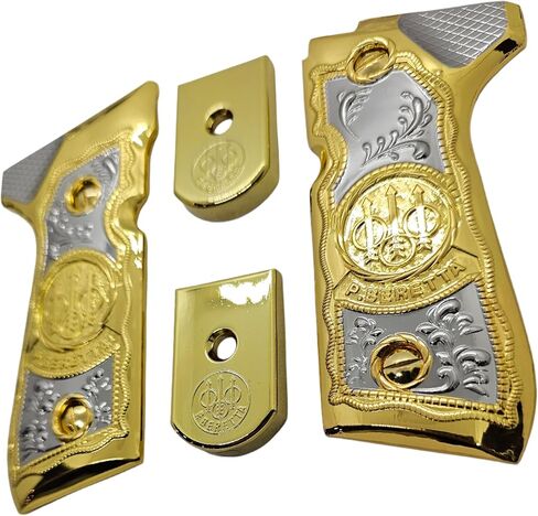 Combo Metal Grip Set with 2 Magazine Floor Plates, Compatible with Beretta 92F, 92FS, M9 & 96 Series, Nickel and Gold Two-Tone Plated Finish Decorative Replacement Accessory in Kuwait