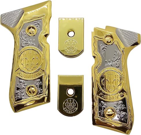 Combo Metal Grip Set with 2 Magazine Floor Plates, Compatible with Beretta 92F, 92FS, M9 & 96 Series, Nickel and Gold Two-Tone Plated Finish Decorative Replacement Accessory in Kuwait