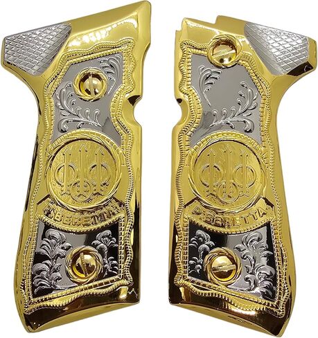 Combo Metal Grip Set with 2 Magazine Floor Plates, Compatible with Beretta 92F, 92FS, M9 & 96 Series, Nickel and Gold Two-Tone Plated Finish Decorative Replacement Accessory in Kuwait