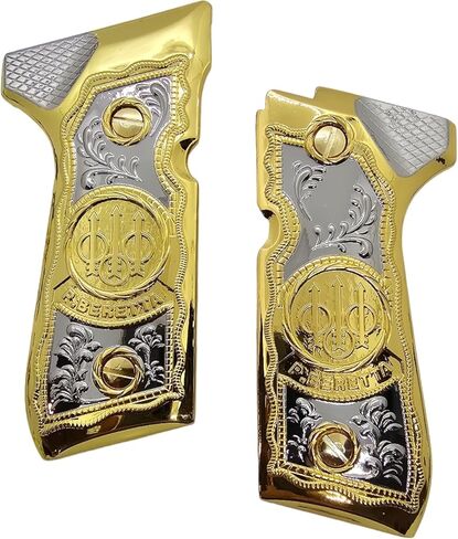 Combo Metal Grip Set with 2 Magazine Floor Plates, Compatible with Beretta 92F, 92FS, M9 & 96 Series, Nickel and Gold Two-Tone Plated Finish Decorative Replacement Accessory in Kuwait