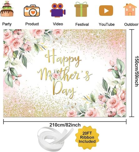 Rose Gold Floral Happy Mother's Day Backdrop Blush Pink Floral Golden Glitter Dots Mother's Day Photography Background Thanks Mom Party Decorations Banner (7x5ft) in Kuwait