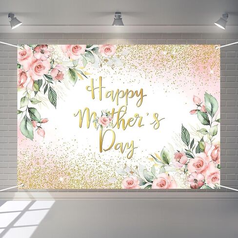 Rose Gold Floral Happy Mother's Day Backdrop Blush Pink Floral Golden Glitter Dots Mother's Day Photography Background Thanks Mom Party Decorations Banner (7x5ft) in Saudi Arabia