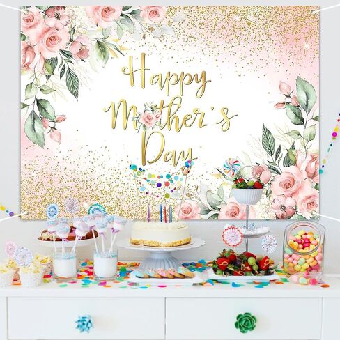 Rose Gold Floral Happy Mother's Day Backdrop Blush Pink Floral Golden Glitter Dots Mother's Day Photography Background Thanks Mom Party Decorations Banner (7x5ft) in Saudi Arabia