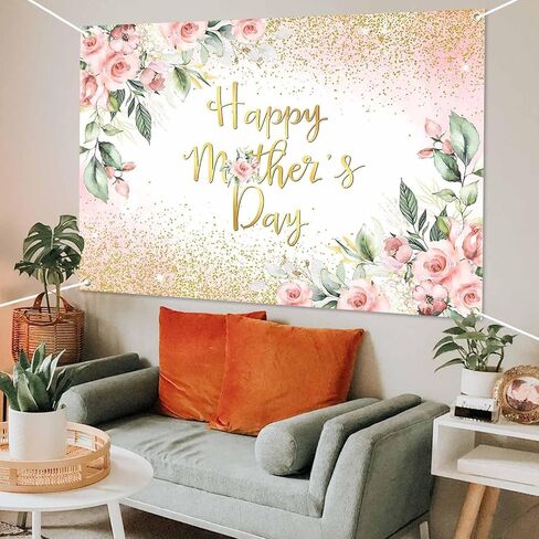 Rose Gold Floral Happy Mother's Day Backdrop Blush Pink Floral Golden Glitter Dots Mother's Day Photography Background Thanks Mom Party Decorations Banner (7x5ft) in Saudi Arabia