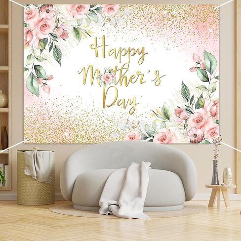 Rose Gold Floral Happy Mother's Day Backdrop Blush Pink Floral Golden Glitter Dots Mother's Day Photography Background Thanks Mom Party Decorations Banner (7x5ft) in Saudi Arabia
