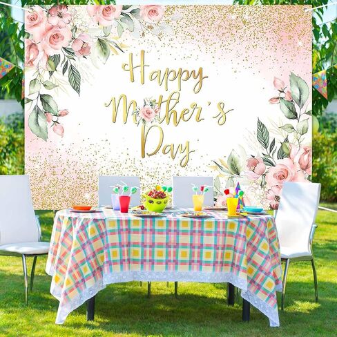 Rose Gold Floral Happy Mother's Day Backdrop Blush Pink Floral Golden Glitter Dots Mother's Day Photography Background Thanks Mom Party Decorations Banner (7x5ft) in Saudi Arabia