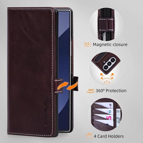VISOUL Flip Phone Cover for Samsung Galaxy Z Fold 7 Wallet Case with Card Holder, Genuine Leather Magnetic Folio Case with Kickstand Magnetic Closure for Galaxy Z Fold7(8.0")-Coffee in Kuwait