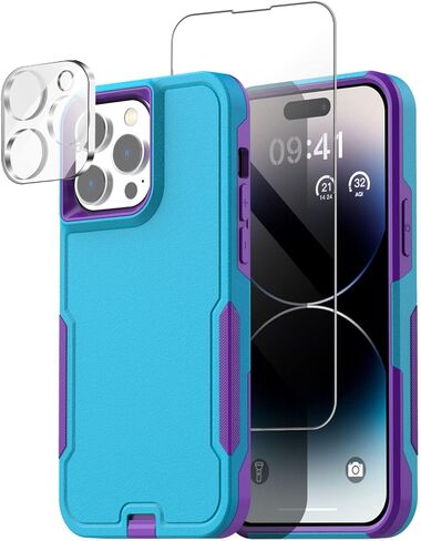 حافظة AICase لهاتف iPhone 14 Pro Max مع واقي شاشة زجاجي + عدسة كاميرا، حماية شديدة التحمل من السقوط لكامل الجسم، غطاء حماية عسكري متين مقاوم للصدمات لهاتف iPhone 14 Pro Max 6.7"_15 in Kuwait