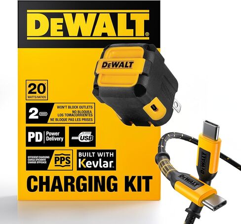 مجموعة شاحن حائط USB-C مزدوج بقدرة 20 واط من DEWALT - محول شحن سريع PD & PPS من النوع C مع شوكات قابلة للطي، تصميم لا يحجب أبدًا، يتضمن كابل USB-C بطول 4 أقدام وكابل ملفوف، وشاحن هاتف معزز بالكيفلار in Kuwait