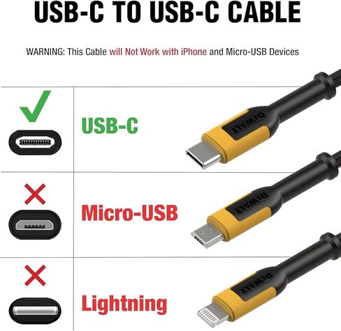 مجموعة شاحن حائط USB-C مزدوج بقدرة 20 واط من DEWALT - محول شحن سريع PD & PPS من النوع C مع شوكات قابلة للطي، تصميم لا يحجب أبدًا، يتضمن كابل USB-C بطول 4 أقدام وكابل ملفوف، وشاحن هاتف معزز بالكيفلار in Kuwait