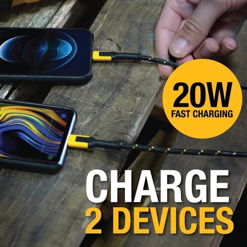 مجموعة شاحن حائط USB-C مزدوج بقدرة 20 واط من DEWALT - محول شحن سريع PD & PPS من النوع C مع شوكات قابلة للطي، تصميم لا يحجب أبدًا، يتضمن كابل USB-C بطول 4 أقدام وكابل ملفوف، وشاحن هاتف معزز بالكيفلار in Kuwait