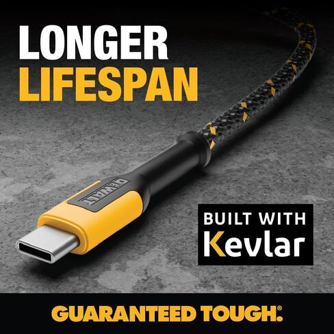 مجموعة شاحن حائط USB-C مزدوج بقدرة 20 واط من DEWALT - محول شحن سريع PD & PPS من النوع C مع شوكات قابلة للطي، تصميم لا يحجب أبدًا، يتضمن كابل USB-C بطول 4 أقدام وكابل ملفوف، وشاحن هاتف معزز بالكيفلار in Kuwait