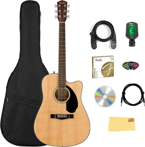 غيتار كهربائي صوتي من Fender CD-60SCE ذو رأس صلب - مجموعة كاملة من الماهوجني مع حافظة صلبة، وكابل للآلات، وموالف، وحزام، وأوتار، ولقطات، وأقراص DVD التعليمية لأوستن بازار in Saudi Arabia