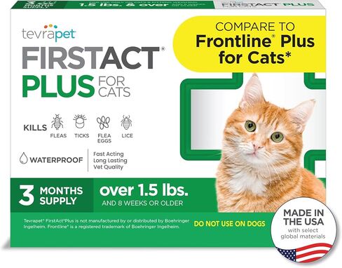 TevraPet FirstAct Plus Flea and Tick Topical for Cats over 1.5lbs, 3 Dose Waterproof Flea and Tick Control/Prevention for 3 Months in Kuwait