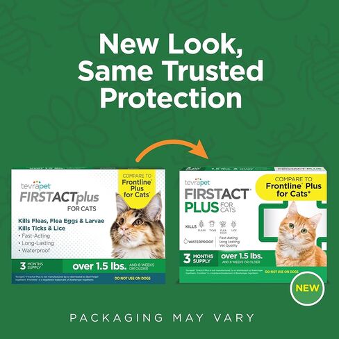TevraPet FirstAct Plus Flea and Tick Topical for Cats over 1.5lbs, 3 Dose Waterproof Flea and Tick Control/Prevention for 3 Months in Kuwait