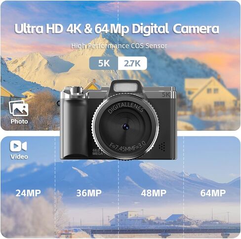 WGM 5K Digital Camera,68MP Cameras for Photography,with 16X Zoom Anti-Shake,32GB Card & Flash,Compact Portable Cameras,for Teens Adult Beginner(Black) in Saudi Arabia