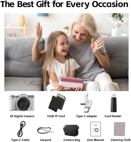 WGM 5K Digital Camera,68MP Cameras for Photography,with 16X Zoom Anti-Shake,32GB Card & Flash,Compact Portable Cameras,for Teens Adult Beginner(Black) in Saudi Arabia