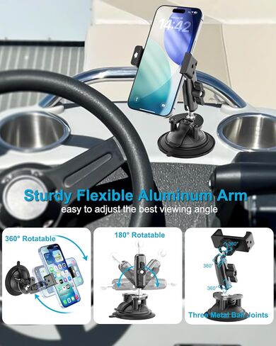 Boat Phone Holder, Strong Suction Cup Phone Mount for Marine, Deck Boat, Kayak, 360° Metal Arm Boat Dashboard Windshield Mount for iPhone 17 16 15 14 Pro Max, Galaxy, 4-7" Smartphones in Kuwait