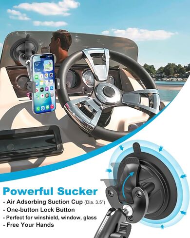 Boat Phone Holder, Strong Suction Cup Phone Mount for Marine, Deck Boat, Kayak, 360° Metal Arm Boat Dashboard Windshield Mount for iPhone 17 16 15 14 Pro Max, Galaxy, 4-7" Smartphones in Kuwait