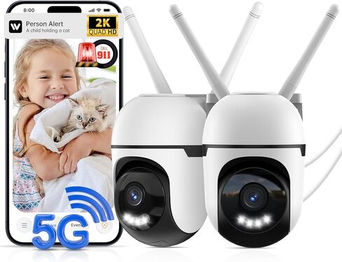 Smart Wired Security Camera Outdoor,5G&2.4G WiFi Cameras for Home Security,2K&360° PTZ Camera,911 Call for AI,IP66 Waterproof,Motion Detection,US Cloud APP&TF Card,Support Alexa in Kuwait