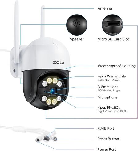 ZOSI 2K Pan/Tilt WiFi Security Camera, Person Vehicle Detection, Human Tracking, 2 Way Audio, Color Night Vision, Floodlight Siren, 3MP Plug-in Weatherproof Outdoor Camera, SD Card & Cloud Storage in Kuwait