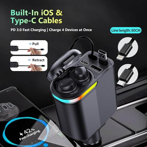 MLVOC سماعات أذن مدمجة بقدرة 120 وات، شاحن سيارة 4 في 1 قابل للسحب، بروتوكول كامل USB-C وLightning، شحن سريع عالمي لأجهزة iPhone وAndroid والكمبيوتر اللوحي والكمبيوتر المحمول (أسود) in Kuwait