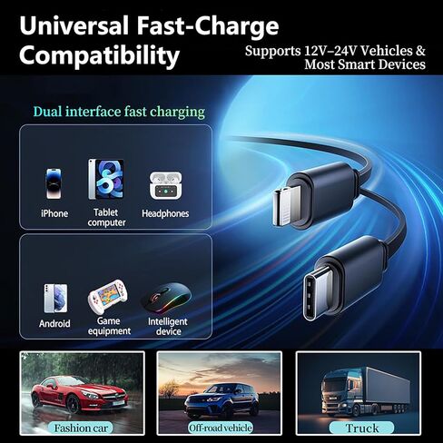 MLVOC سماعات أذن مدمجة بقدرة 120 وات، شاحن سيارة 4 في 1 قابل للسحب، بروتوكول كامل USB-C وLightning، شحن سريع عالمي لأجهزة iPhone وAndroid والكمبيوتر اللوحي والكمبيوتر المحمول (أسود) in Kuwait