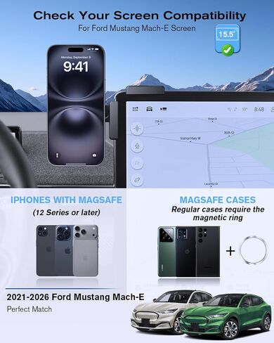 Magnetic Phone Holder Compatible with 2021-2026 Ford Mustang Mache 15.5 Inch, Screen-Friendly for MagSafe Magnetic Car Dash 360° Adjustable Phone Holder in Kuwait
