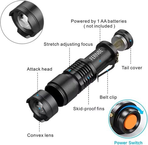 5 حزمة SK-68 3 أوضاع مصباح يدوي صغير LED مصباح الشعلة 7 وات 300 لومن قابل للتعديل التركيز زوومابلي ضوء مقاوم للماء، مع مشبك حزام مصباح يدوي للهدايا، والتخييم in Kuwait