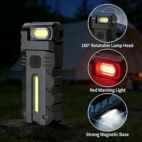 180° Rotating Head LED Work Light – Dual Beam, Magnetic Base, USB-C Rechargeable, Mini Keychain Clip Light for Emergency, Dog Walking, Hiking (Black) in Kuwait