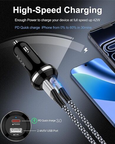 Pixel Car Charger 30W PD Fast Charging, Cigarette Lighter Adapter Type C with 2.4A Port, Dual Port Car Charger USB C Fast Charge for Android Google Pixel Samsung Galaxy iPhone iPad Cargador Para Carro in Kuwait