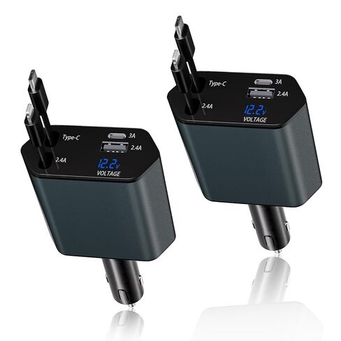 شاحن سيارة قابل للسحب بقدرة 66 وات شحن سريع، شاحن سيارة 4 في 1 USB شحن سريع مع كابل USB C قابل للسحب + كابل لايتنينج، منفذ USB C ومنفذ USB A لشحن هاتف السيارة لهاتف iPhone 17/16/15/14/13، iPad in Kuwait