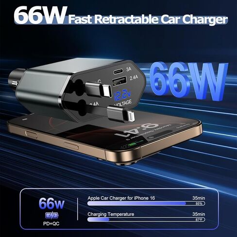 شاحن سيارة قابل للسحب بقدرة 66 وات شحن سريع، شاحن سيارة 4 في 1 USB شحن سريع مع كابل USB C قابل للسحب + كابل لايتنينج، منفذ USB C ومنفذ USB A لشحن هاتف السيارة لهاتف iPhone 17/16/15/14/13، iPad in Kuwait