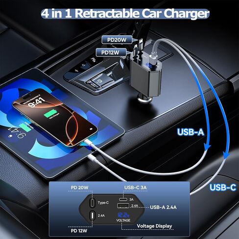 شاحن سيارة قابل للسحب بقدرة 66 وات شحن سريع، شاحن سيارة 4 في 1 USB شحن سريع مع كابل USB C قابل للسحب + كابل لايتنينج، منفذ USB C ومنفذ USB A لشحن هاتف السيارة لهاتف iPhone 17/16/15/14/13، iPad in Kuwait