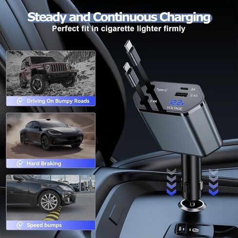 شاحن سيارة قابل للسحب بقدرة 66 وات شحن سريع، شاحن سيارة 4 في 1 USB شحن سريع مع كابل USB C قابل للسحب + كابل لايتنينج، منفذ USB C ومنفذ USB A لشحن هاتف السيارة لهاتف iPhone 17/16/15/14/13، iPad in Kuwait