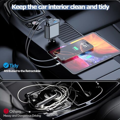 شاحن سيارة قابل للسحب بقدرة 66 وات شحن سريع، شاحن سيارة 4 في 1 USB شحن سريع مع كابل USB C قابل للسحب + كابل لايتنينج، منفذ USB C ومنفذ USB A لشحن هاتف السيارة لهاتف iPhone 17/16/15/14/13، iPad in Kuwait