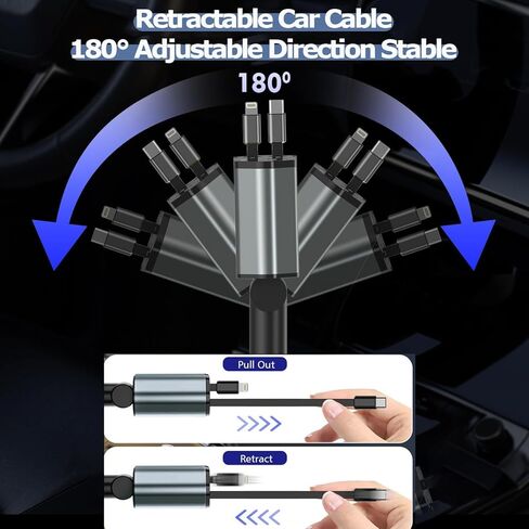 شاحن سيارة قابل للسحب بقدرة 66 وات شحن سريع، شاحن سيارة 4 في 1 USB شحن سريع مع كابل USB C قابل للسحب + كابل لايتنينج، منفذ USB C ومنفذ USB A لشحن هاتف السيارة لهاتف iPhone 17/16/15/14/13، iPad in Kuwait