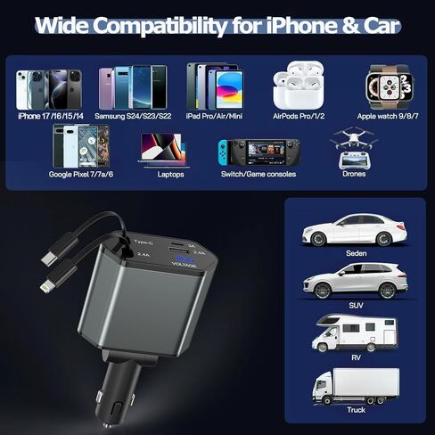 شاحن سيارة قابل للسحب بقدرة 66 وات شحن سريع، شاحن سيارة 4 في 1 USB شحن سريع مع كابل USB C قابل للسحب + كابل لايتنينج، منفذ USB C ومنفذ USB A لشحن هاتف السيارة لهاتف iPhone 17/16/15/14/13، iPad in Kuwait