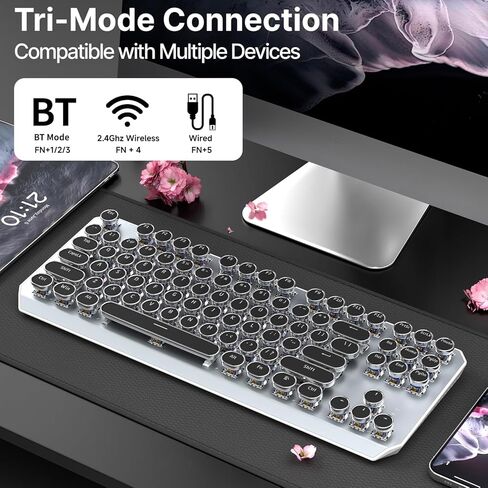 SEUNKWANG EWEADN Wireless Mechanical Typewriter Keyboard,80% Layout with White Backlit, Anti-Ghosting, Blue Switch Bluetooth/2.4GHz/USB-C Aesthetic Keyboard-Black in Kuwait