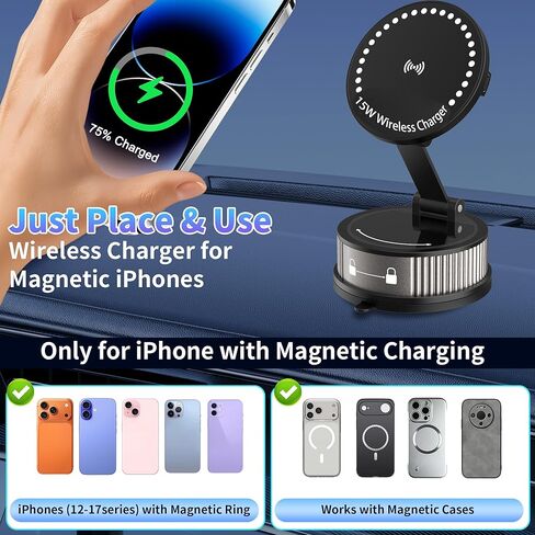 لشاحن MagSafe Car Mount Charger، شحن لاسلكي سريع بقدرة 15 وات، شفط قوي 95+LBS 2400gf مغناطيسي قوي، حامل هاتف سيارة قابل للتعديل 360 درجة، حاملات هاتف لسيارتك in Kuwait