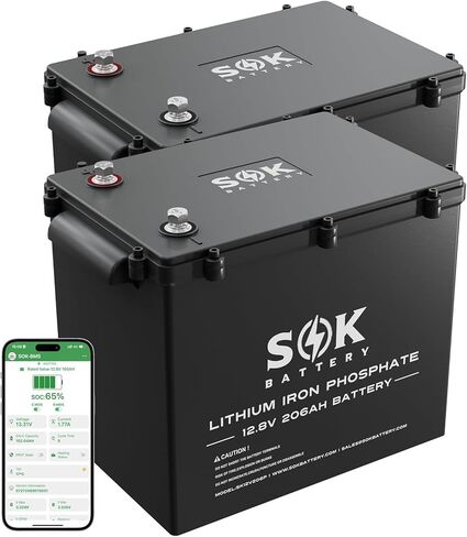 بطارية SOK البحرية من الدرجة 2 حزمة 12 فولت 206 أمبير في الساعة LiFePO4 IP65، 8000+ دورات عميقة مع نظام إدارة المباني الذكي، مراقبة بلوتوث، صندوق بلاستيكي محكم الغلق، حماية منخفضة الحرارة للبحرية، القوارب، اليخوت، المركبات الترفيهية، الطاقة الشمسية in Kuwait