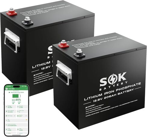 بطارية SOK البحرية من الدرجة 2 حزمة 12 فولت 206 أمبير في الساعة LiFePO4 IP65، 8000+ دورات عميقة مع نظام إدارة المباني الذكي، مراقبة بلوتوث، صندوق بلاستيكي محكم الغلق، حماية منخفضة الحرارة للبحرية، القوارب، اليخوت، المركبات الترفيهية، الطاقة الشمسية in Kuwait