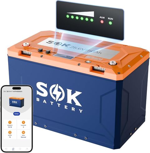 بطارية SOK البحرية من الدرجة 2 حزمة 12 فولت 206 أمبير في الساعة LiFePO4 IP65، 8000+ دورات عميقة مع نظام إدارة المباني الذكي، مراقبة بلوتوث، صندوق بلاستيكي محكم الغلق، حماية منخفضة الحرارة للبحرية، القوارب، اليخوت، المركبات الترفيهية، الطاقة الشمسية in Kuwait