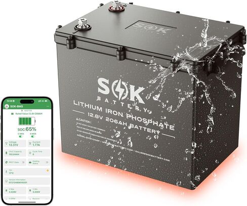 بطارية SOK البحرية من الدرجة 2 حزمة 12 فولت 206 أمبير في الساعة LiFePO4 IP65، 8000+ دورات عميقة مع نظام إدارة المباني الذكي، مراقبة بلوتوث، صندوق بلاستيكي محكم الغلق، حماية منخفضة الحرارة للبحرية، القوارب، اليخوت، المركبات الترفيهية، الطاقة الشمسية in Kuwait