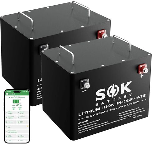 بطارية SOK البحرية من الدرجة 2 حزمة 12 فولت 206 أمبير في الساعة LiFePO4 IP65، 8000+ دورات عميقة مع نظام إدارة المباني الذكي، مراقبة بلوتوث، صندوق بلاستيكي محكم الغلق، حماية منخفضة الحرارة للبحرية، القوارب، اليخوت، المركبات الترفيهية، الطاقة الشمسية in Kuwait