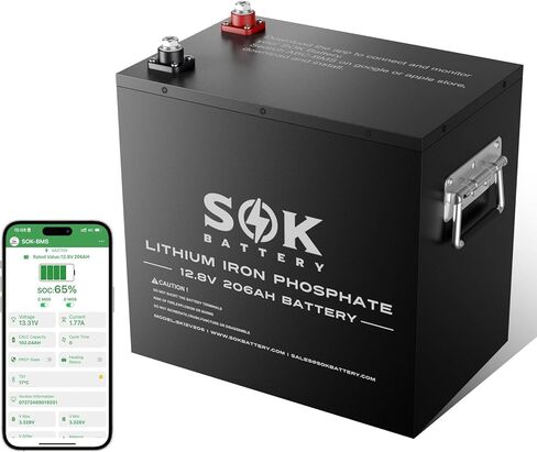بطارية SOK البحرية من الدرجة 2 حزمة 12 فولت 206 أمبير في الساعة LiFePO4 IP65، 8000+ دورات عميقة مع نظام إدارة المباني الذكي، مراقبة بلوتوث، صندوق بلاستيكي محكم الغلق، حماية منخفضة الحرارة للبحرية، القوارب، اليخوت، المركبات الترفيهية، الطاقة الشمسية in Kuwait