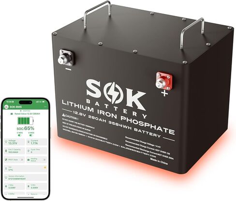 بطارية SOK البحرية من الدرجة 2 حزمة 12 فولت 206 أمبير في الساعة LiFePO4 IP65، 8000+ دورات عميقة مع نظام إدارة المباني الذكي، مراقبة بلوتوث، صندوق بلاستيكي محكم الغلق، حماية منخفضة الحرارة للبحرية، القوارب، اليخوت، المركبات الترفيهية، الطاقة الشمسية in Kuwait