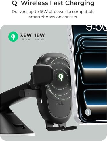 iOttie Easy One Touch Wireless 3 Dash & Windshield Car Mount، حامل هاتف شحن سريع 15W Qi، مشبك تلقائي بيد واحدة، حامل هاتف ذكي قابل للتعديل لهاتف iPhone 17 Pro Max، iPhone 12-17، Samsung، Pixel in Kuwait
